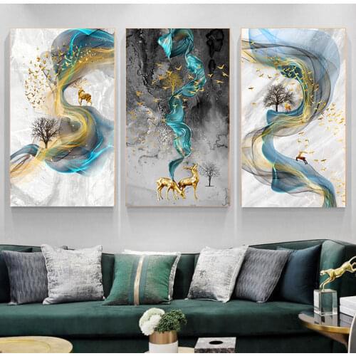 Abstract Golden Deer Canvas Painting Tableau Blue Print Wall Art Decorative Pictures for Modern Home Living Room Wall Cuadros