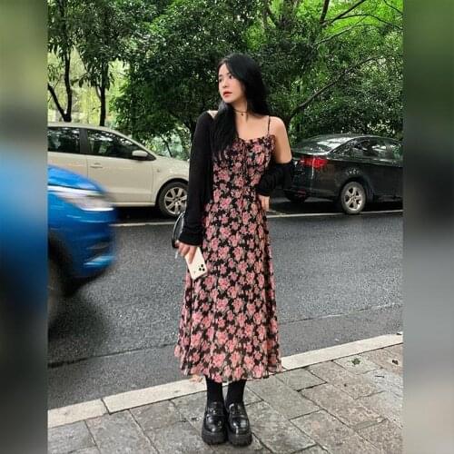 Black Floral Printed Sling Women Dress Summer leisure holiday style high waist midi dresses Casual female dress plus size