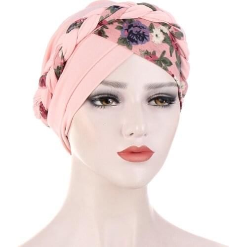 Flower Print Muslim Hijab Scarf Bonnet Cross Fronthead Braids Turban Hat Female Head Wraps Islam Headwear India Hat Chemo Caps