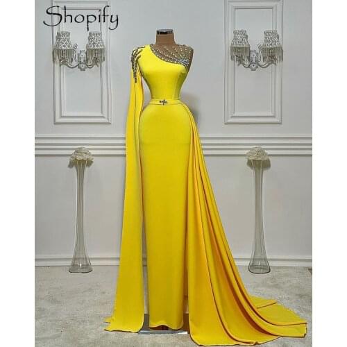 Elegant Skinny Sheer Beaded Mesh Shawl Dubai Women African Long Yellow Party Evening Dresses 2021