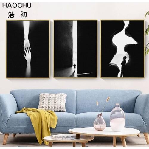 HAOCHU Black & White Abstract Character Palm Door Art Poster Print Picture Home Decor Wall Sticker Canvas Painting For Room
