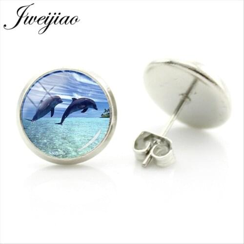 JWEIJIAO Cute Dolphin Stud Earrings blue sea Alloy Earrings Plated Round Glass Cabochon Brinco Bijoux ZZ147