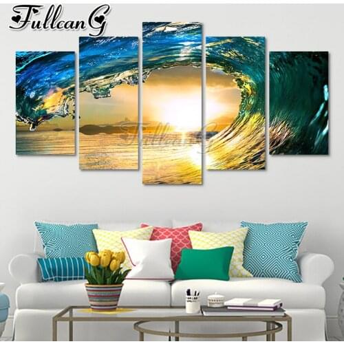 FULLCANG Sunset sea natural landscape 5pcs diy diamond painting large full square round mosaic embroidery multi-picture FC2782