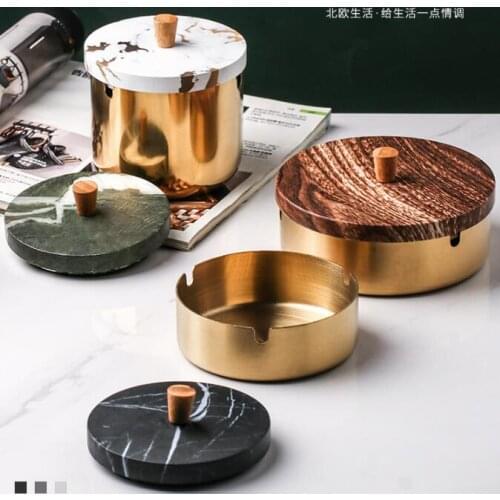 Metal Ashtray Marble Pattern Bamboo Lid Stainless Steel Storage Box Living Room Anti-flying Ash Gold Ashtray Home Decoration