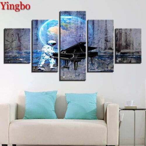 5 Panel Earth Astronaut Piano diamond embroidery,Multi-Panel painting full round drill 3d cross stitch mosaic diamond painting