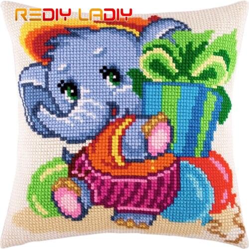 Cross Stitch Cushion Kits Little Elephant Pillow Case Pre-Printed Canvas Acrylic Chunky Yarn Crafts DIY Cross-stitch Needlepoint