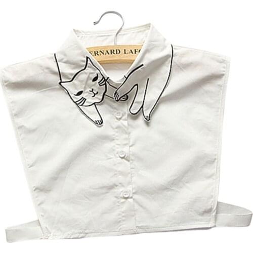 Retro British Style Women Girls Cotton False Fake Collar Cute Cartoon Cat Embroidery Casual Detachable Lapel Half-Shirt Blouse
