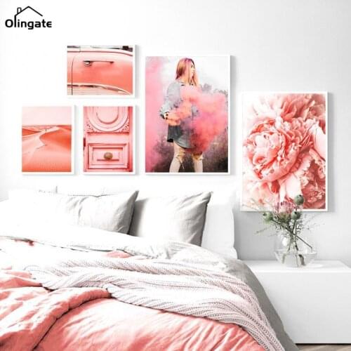 Pink Flower Car Dune Conch Girl Wall Art Canvas Painting Nordic Posters and Prints Landscape Wall Pictures for Living Room Decor