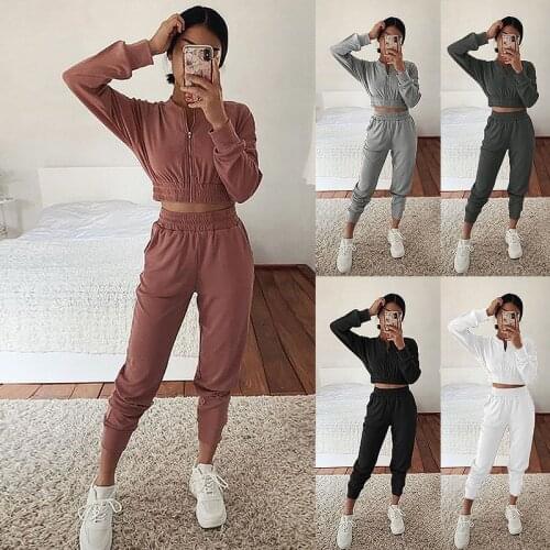 Solid Tracksuit Women Two Piece Set Spring Clothes Zipper Crop Top and Pants Sweat Suit Casual Womens Sets Outfit Jogging Femme