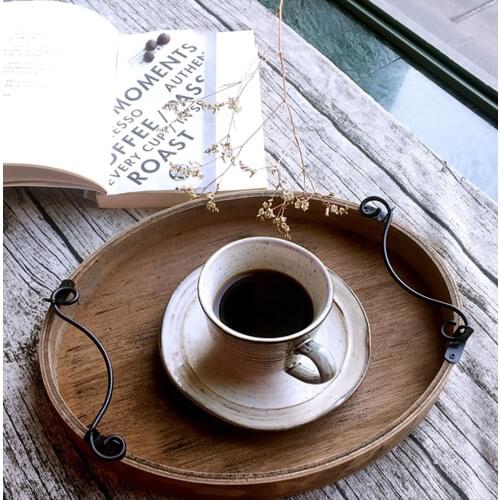 Handcrafted Shabby Aged Finish Oval Wood Serving Tray with Scrolled Metal Handles