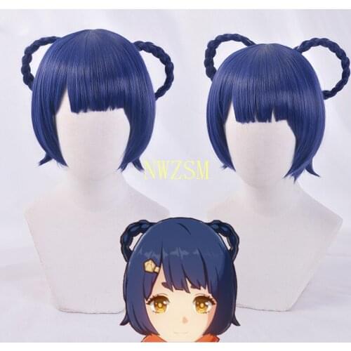 Game Genshin Impact XiangLing Cosplay Wigs Dark Blue Short Cosplay Wig Braided Wigs Heat Resistant Synthetic Hair + Wig Cap