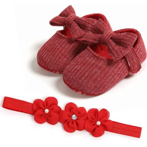 First Walkers Baby Girl Shoes Soft Sole Cotton Princess Crib Shoes Anti-slip Prewalkers+Headband 2pcs 100 Days Decorationes 2021