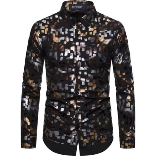 Floral Bronzing Men Shirt Luxury Shiny Black Mens Dress Shirts Fashion Casual Mens Party Shirts Dance Prom Tuxedo Shirt Men XXL