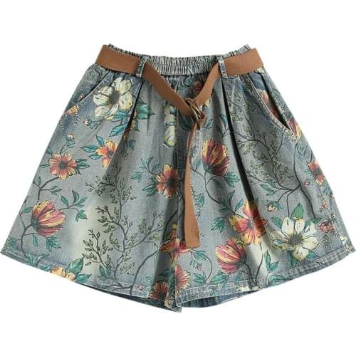 Summer Vintage Ripped Denim Shorts Women Plus Size Elastic High Waist Casual Patchwork Cotton Wide Leg Jeans Femme Short Pants