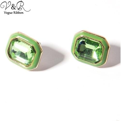 Cute Basic Glass Stone Green Enamel Stud Earring, Dangle Fashion Earrings, Trendy Earrings for Women 2019 New Factory Wholesale