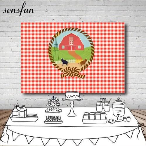Sensfun Red Theme Buffalo Plaid Photography Backdrop Custom Vinyl Farm Birthday Party Backgrounds For Photo Studio 7x5FT