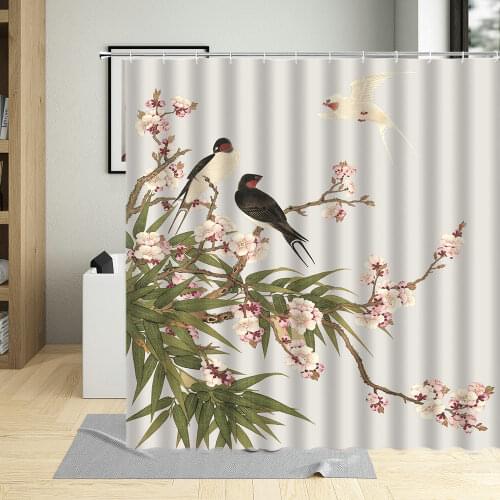 Chinese Style Flower Bird Shower Curtain Plant Painting Leaf Branch Head Scenery Bathroom With Hook Waterproof Washable Fabric