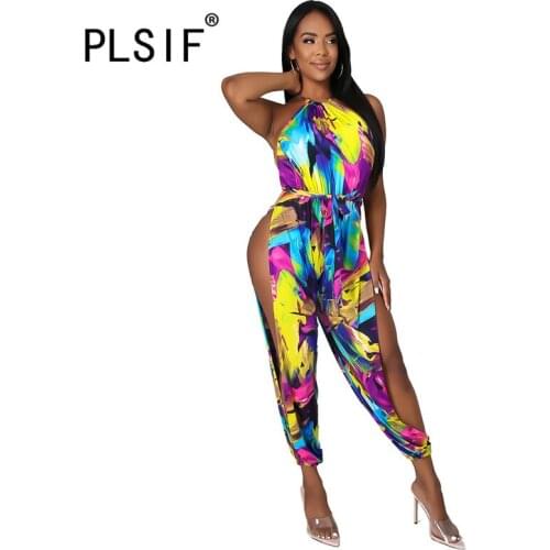 Women Side Split Romper Casual Summer Print Sexy Overalls For Women Summer Sexy Club Body Mujer