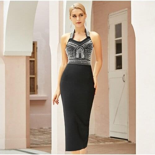 ARIANA New Arrival Sleeveless Pearl Halter Black Bandage Dress Club Celebrity Runway Party Bodycon Dresses