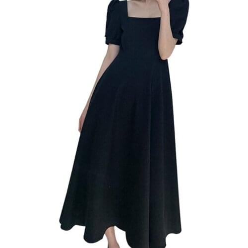 Women Puff Short Sleeve Square Neck Black Flowy Midi Long Dress Vintage French Empire Waist Pleated Elegant Clubwear