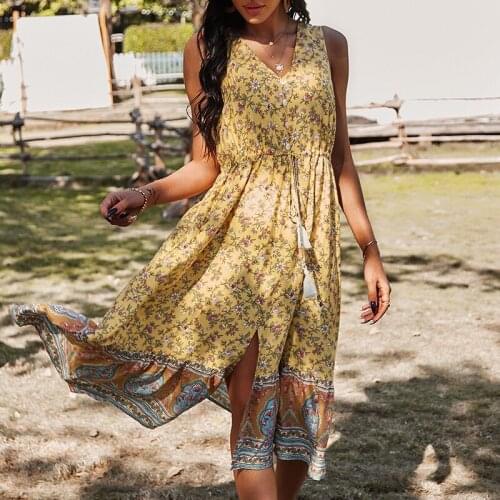 Women Vintage Floral Boho Dress Summer V Neck Sleeveless Button Front Split Sexy Dresses Ruffles Ladies Casual Female Dress