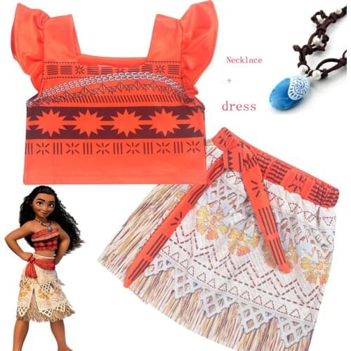 2017 Princess Moana Cosplay Costume for Children Vaiana dress Costume with Necklace for Halloween Costumes for Kids Girls Gifts