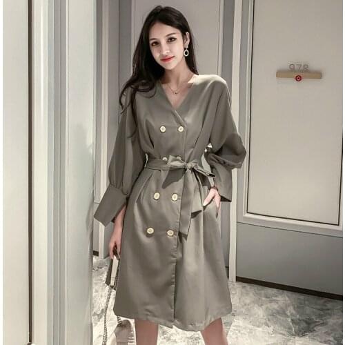 Black Streetwear Modis Womens Windbreaker Style Casual Dress Double Button Oversize Midi Dress Women with Sashes Autumn Dresses