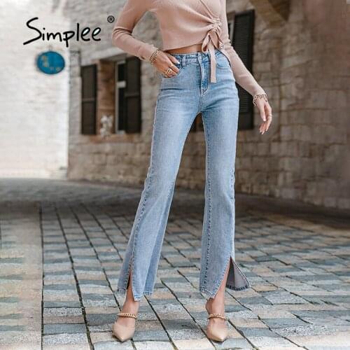 Simplee Office high waist split straight jeans women Elegant button denim female long pants autumn Fashion blue pocket trousers