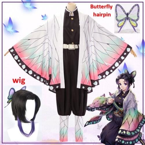 Anime Cosplay Demon Slayer Kimetsu no Yaiba Kochou Shinobu Adult And Kids Kimono Uniform Halloween Christmas Party Costume Wig
