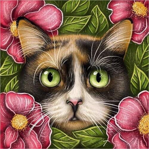 Cat Among Flowers Diamond Painting Round Full Drill Animal Floral Nouveaute DIY Mosaic Embroidery 5D Cross Stitch Home Decor