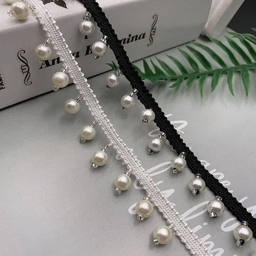 1Yard Black White Webbing Bead Tassel Lace Trim Ribbon DIY Clothing Pearl Sleeves Collar Accessories Embroidered Wedding Supply