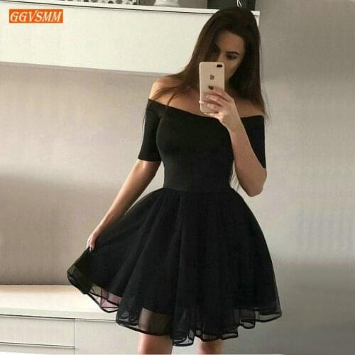 Trendy Black Short Prom Dresses 2020 Sexy Prom Gowns Women Boat Neck Tulle Zipper Knee Length Girl Formal Graduation Party Dress