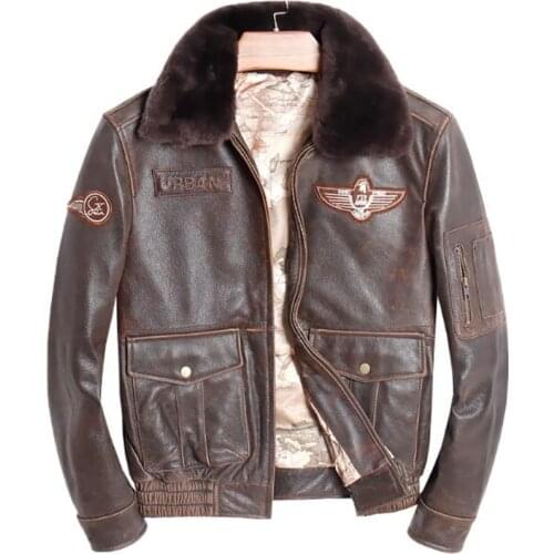 Mens A2 Pilot Jacket US Air Force Flight Ma1 Real Cow Genuine Leather Jacket Fur Collar Winter Bomber Military G1 Aviator Coat