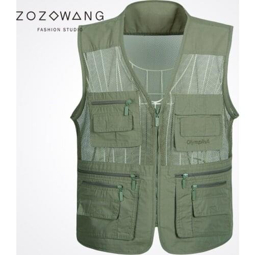 Zozowang Multi-pocket new V-neck zipper spring summer autumn loose fashion mesh waist coat men solid plus size 4XL vest men