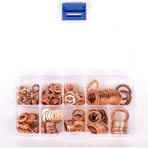 200pcs M5-M14 Professional Assorted Copper Washer Gasket Set Flat Ring Seal Assortment Kit with Box For Hardware Accessories