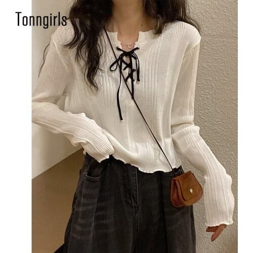Tonngirls Autum Knitted Sweater Long Sleeve Pullovers Lace Up Crop Tops Ladies Elegant Streetwear Sweater Korean Style Pullover