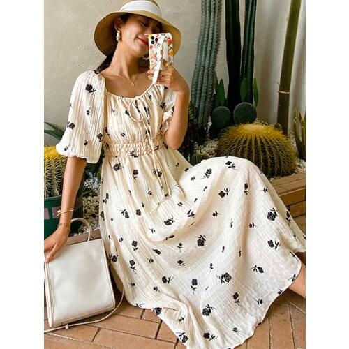 Jastie Retro Square Collar Puff Sleeve Women Dress Bohemian Floral Print Long Dresses Side Holiday Big Swing Beach Dress Summer