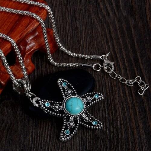 QCOOLJLY New Promotion Bohemian Vintae Starfish Shape Attractive pendant Natural Stone female sweater necklace Wholesale