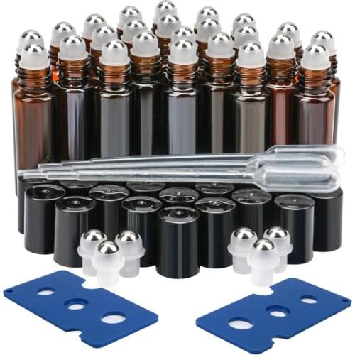 Glass Roller Bottles 24Pack 10ml Amber Blue Essential Oil Roller Bottles Stainless Steel Roller Balls (3 Dropper, 6 Extra Rol