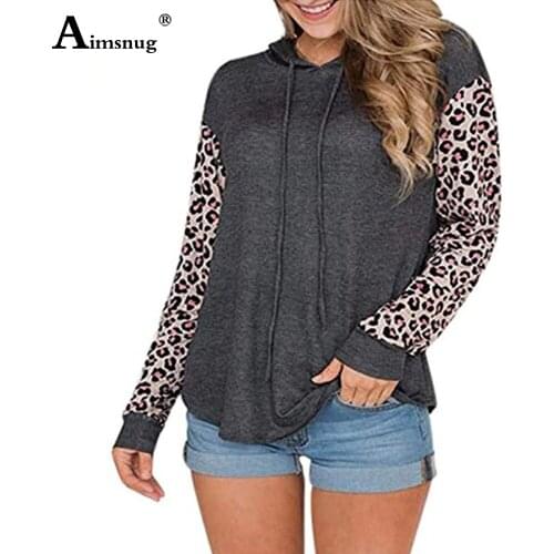 2020 Spring Autumn New Hooded T-shirt Patchwork Leopard Print Ladies Elegant Leisure Casual Womens Top Loose Tee Shirt Hoodies