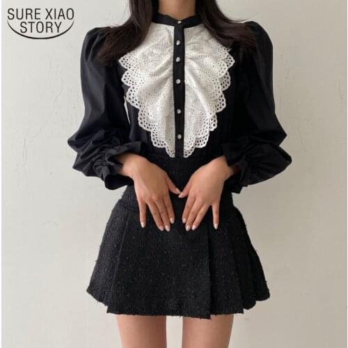 Spring Hollow Patchwork Lace Blouse Women Korean Long Puff Sleeve Fashion Ladies Shirt Solid Palace Style Button New Tops 13272