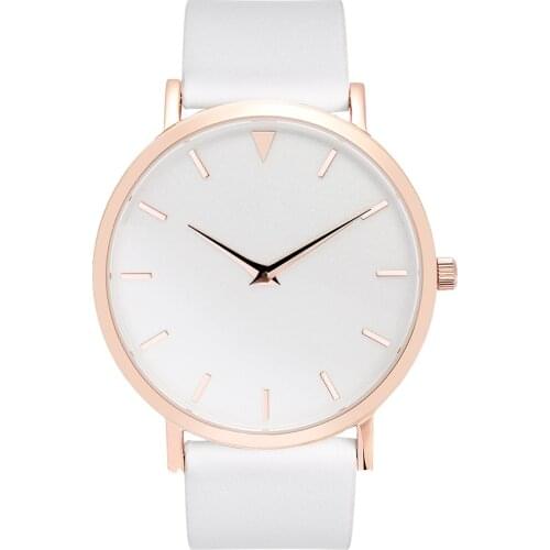 Polished Rose Gold Steel Watches Women White Leather Strap with Rose Gold Buckle Private Name