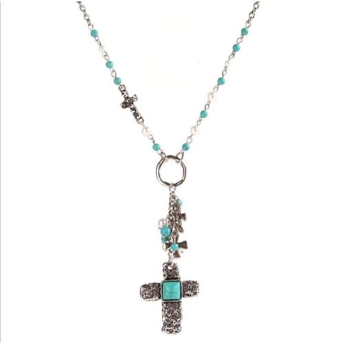 Ethnic Religion Alloy Cross Pendant Necklace For Women Boho Bib Imitation Pearl Synthetic Stone Chain Necklace Fashion Jewelry