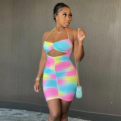 Women Spaghetti Strap Bodycon Dress Women Printed Ruched Hollow Out Summer Dress Streetwear Backless Club Mini Dress Vestidos