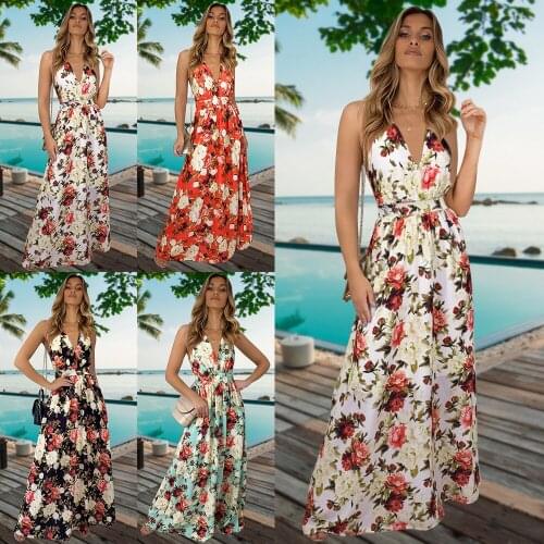 Women V-neck Sling Dresses Bohemian Floral Printing Beach Dress Summer Seaside Vacation Sundress High Waist Slimming Maxi Dress
