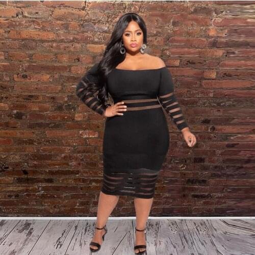 Plus Size Clothing Dresses for Women Sexy Off Shoulder Black Dress Lace Transparent Mesh Bandage Dresses Wholesale Dropshipping