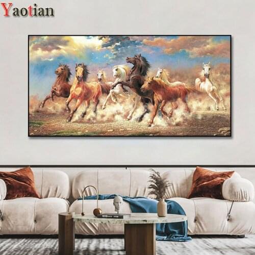 Eight horses Diamond Painting 5d DIY Full round Drill Cross Stitch Large Size Rhinestone Embroidery Mosaic Painting 100x50cm