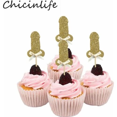 Chicinlife 10Pcs Gold Willy Cupcake Toppers Bachelorette Party Decoration Wedding Bridal Shower Hen Party Cake Accessory Supplie