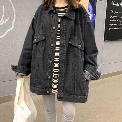 Hstar Spring Autumn 2021 New Harajuku Denim Jacket Women Loose Lapel Single-Breasted Long Sleeve Lady Jean Coat пиджак