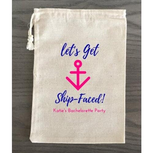 Custom Ship-Faced wedding survival Kit muslin favor gift bags Welcome Candy pouches Bachelorette bridal shower party gift bag
